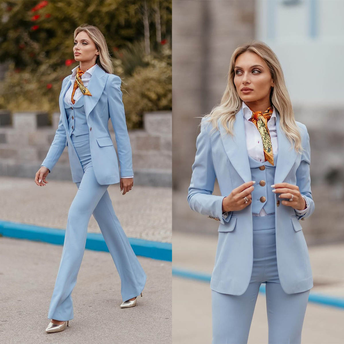 Women Formal Wear With Tie - Setelan Formal Wanita Biru Langit Kerah