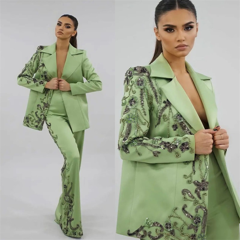 Women'S Green Formal Wear - Setelan pakaian wanita Satin hijau desainer