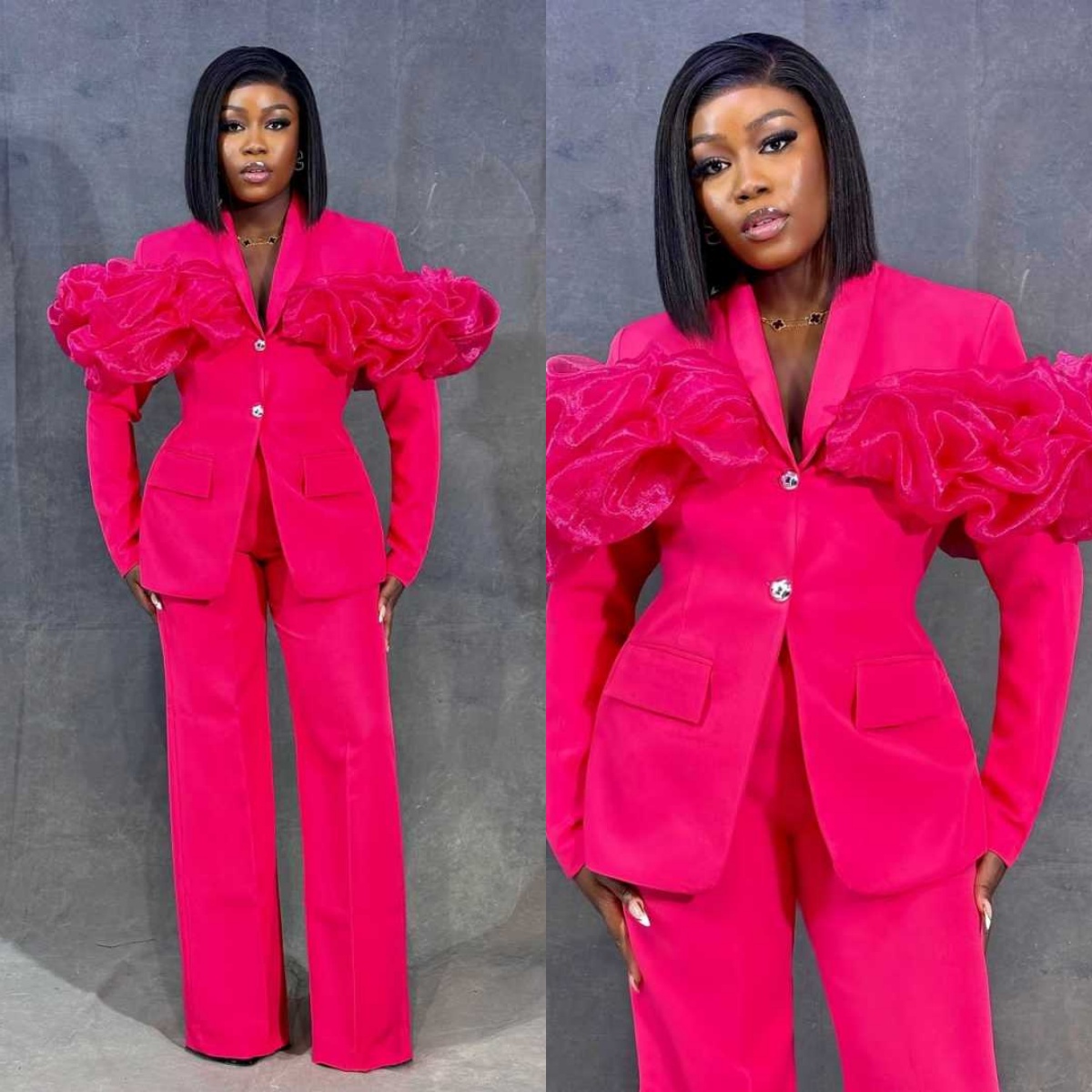 Women Formal Wear With Tie - Setelan Celana Wanita Hot Pink Kustom
