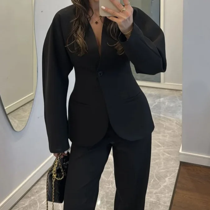Setelan Celana Wanita Hitam V- - Women Formal Wear With Tie ulasan dan harga