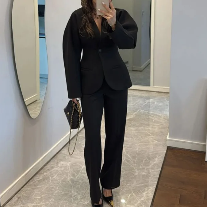 Setelan Celana Wanita Hitam V- - Women Formal Wear With Tie ulasan dan harga