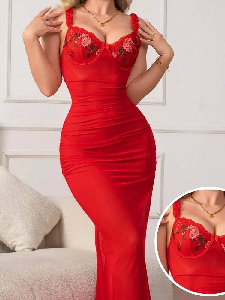 Gaun Ruched Merah dengan Tali  - Women Formal Wear H&M ulasan dan harga