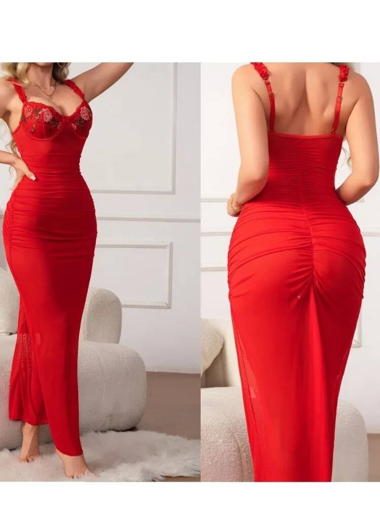 Gaun Ruched Merah dengan Tali  - Women Formal Wear H&M ulasan dan harga