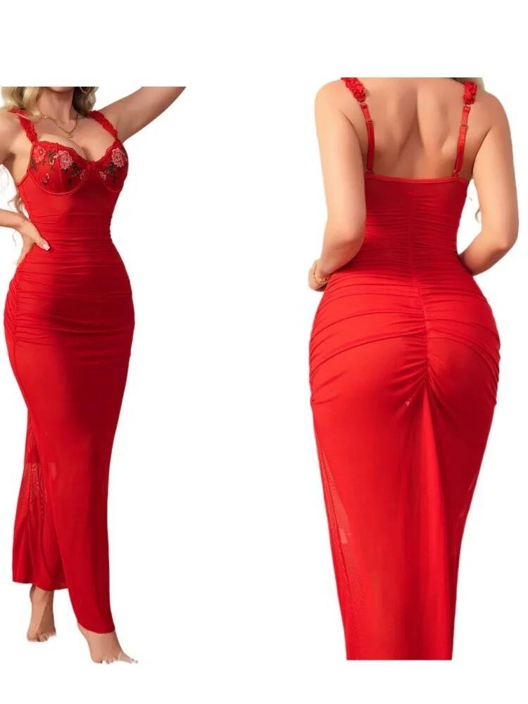 Gaun Ruched Merah dengan Tali  - Women Formal Wear H&M ulasan dan harga