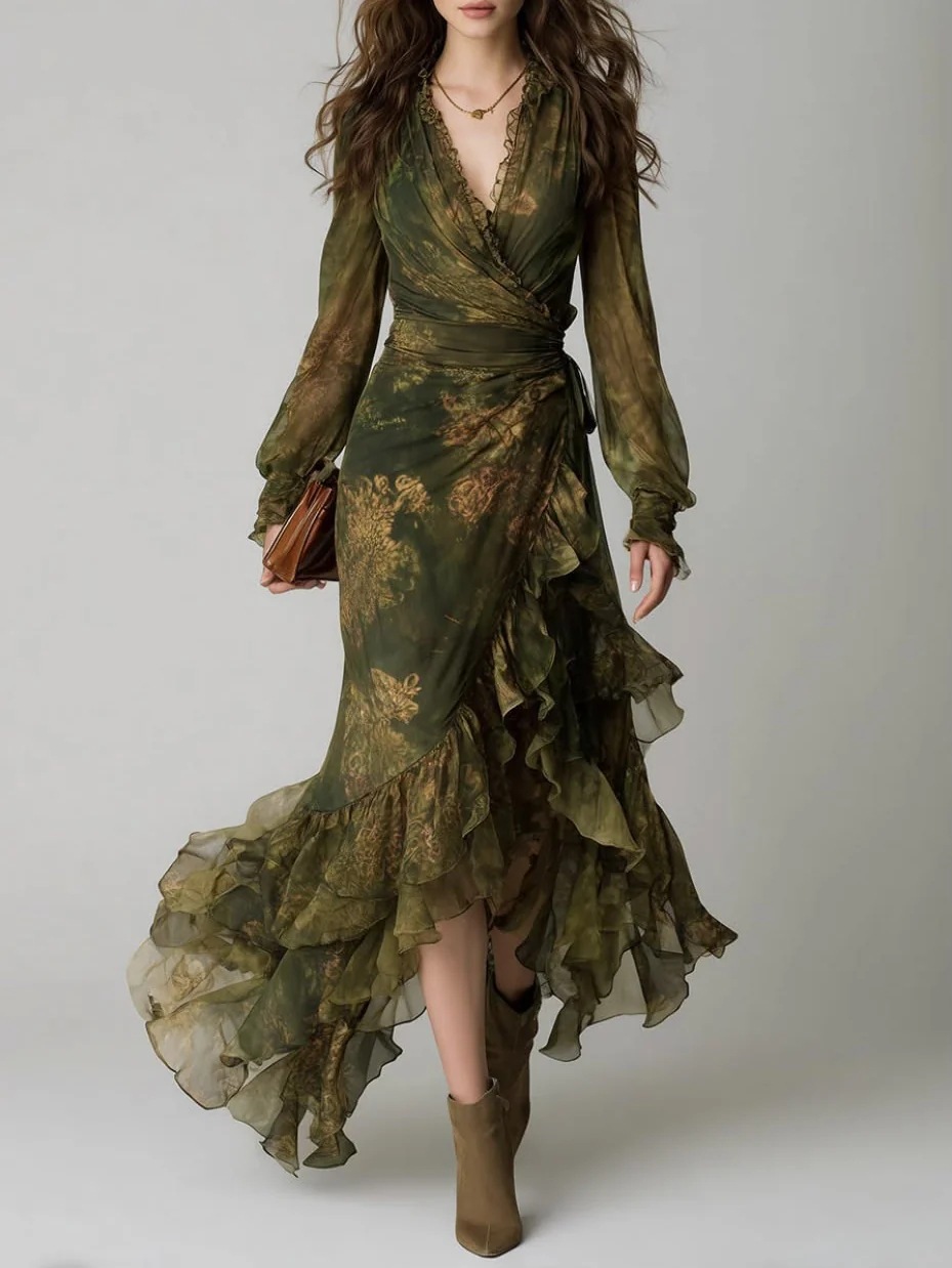Gaun Maxi Chiffon Motif Bunga  - Women'S Green Formal Wear ulasan dan harga