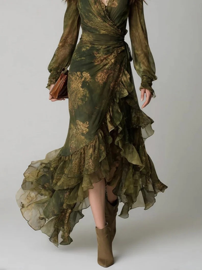 Gaun Maxi Chiffon Motif Bunga  - Women'S Green Formal Wear ulasan dan harga